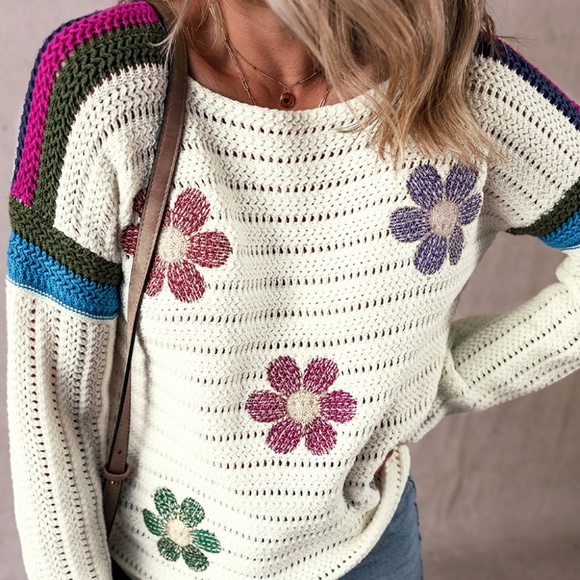 Sweaters - B128 White Daisy Flower Pointelle Knit Sweater